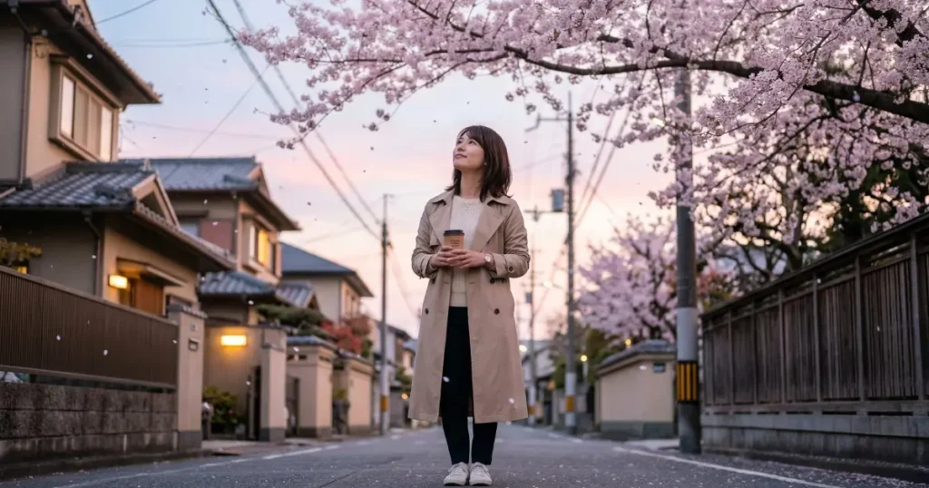 春の夕暮れに桜の枝を見上げながら、穏やかで急がない表情のテイクアウトコーヒーを持つ27歳の日本人女性