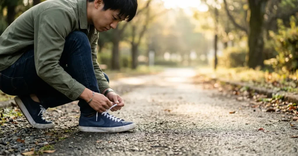 靴ひもを結び直し一歩を踏み出そうとする若い男性