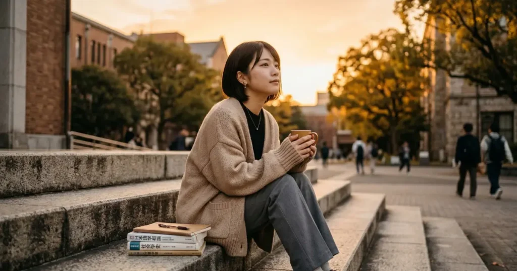 夕暮れの大学中庭の階段に座り、温かい飲み物を持ちながら遠くを見つめる女子大学生