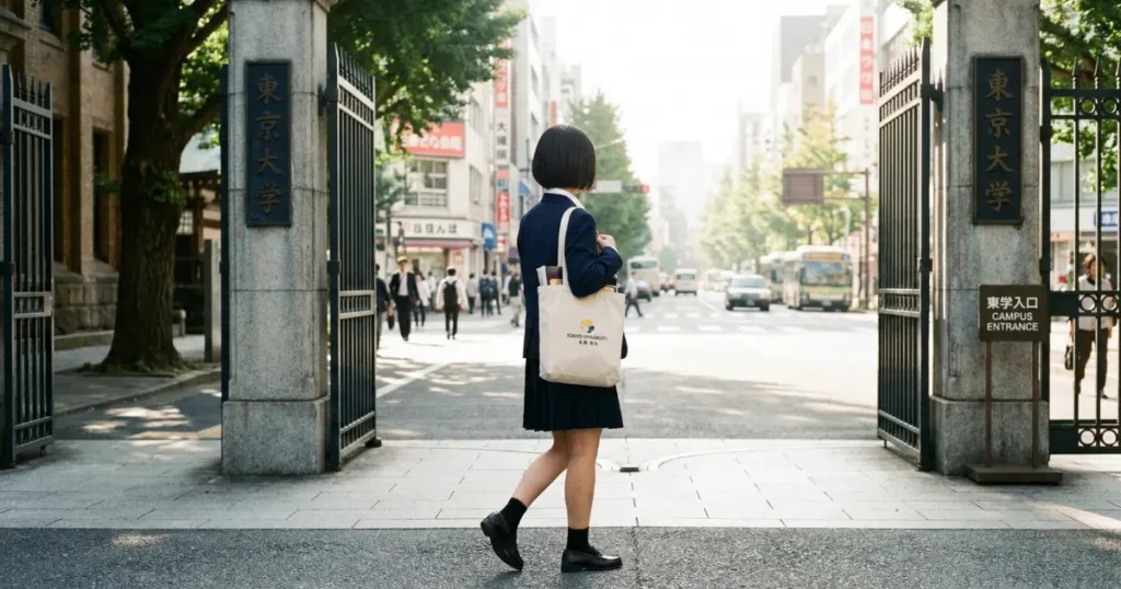 大学の正門から外の世界に向かって一歩踏み出そうとしている女子大学生の後ろ姿
