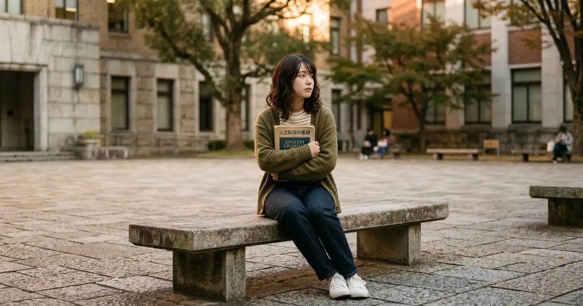 大学の中庭で教科書を抱きしめながら一人で座っている20歳の女子大学生