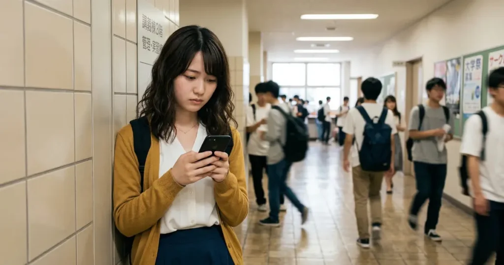 大学の廊下でスマホのメッセージを打とうか迷っている20歳の女子大学生