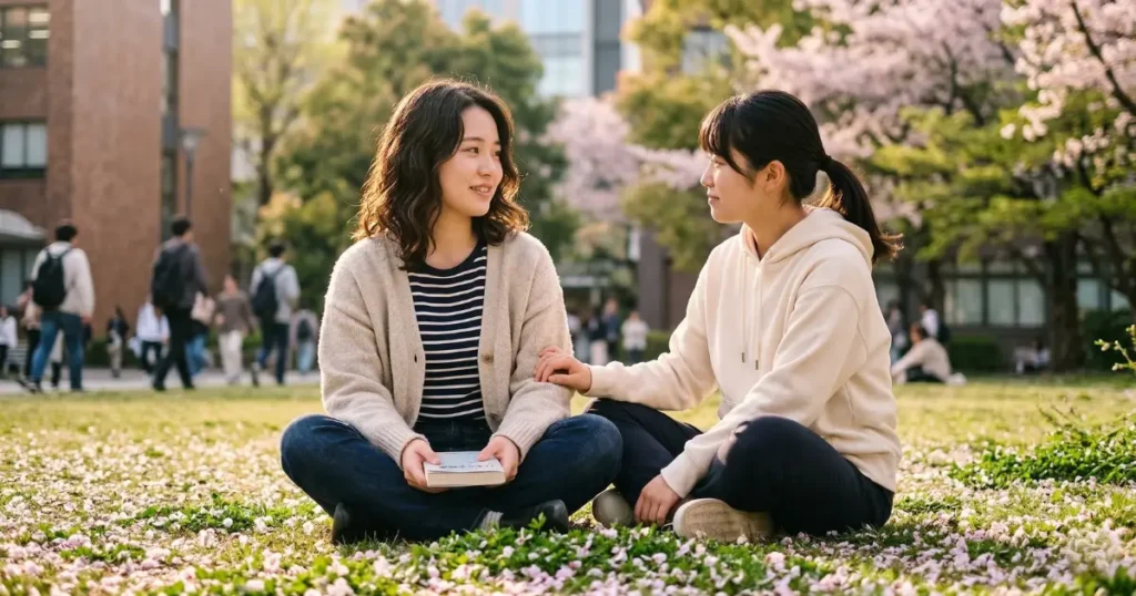 キャンパスの芝生で友人に少しだけ本音を打ち明けている20歳の女子大学生