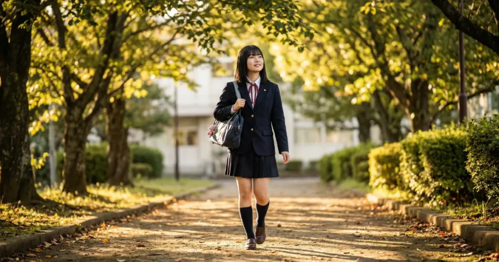 放課後の並木道を穏やかな表情で歩く高校生の女性