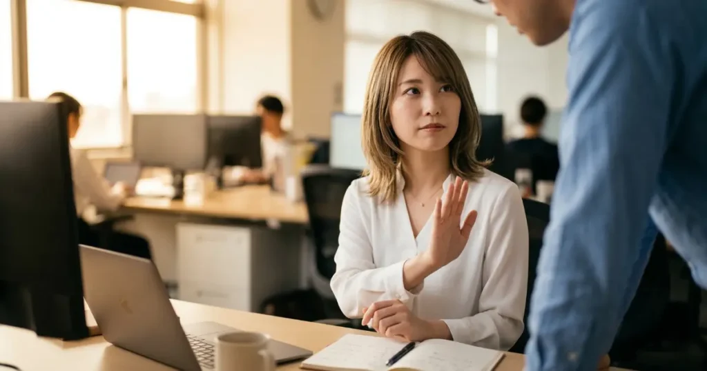 穏やかだが毅然とした表情で同僚に意思を伝えている27歳の女性社会人