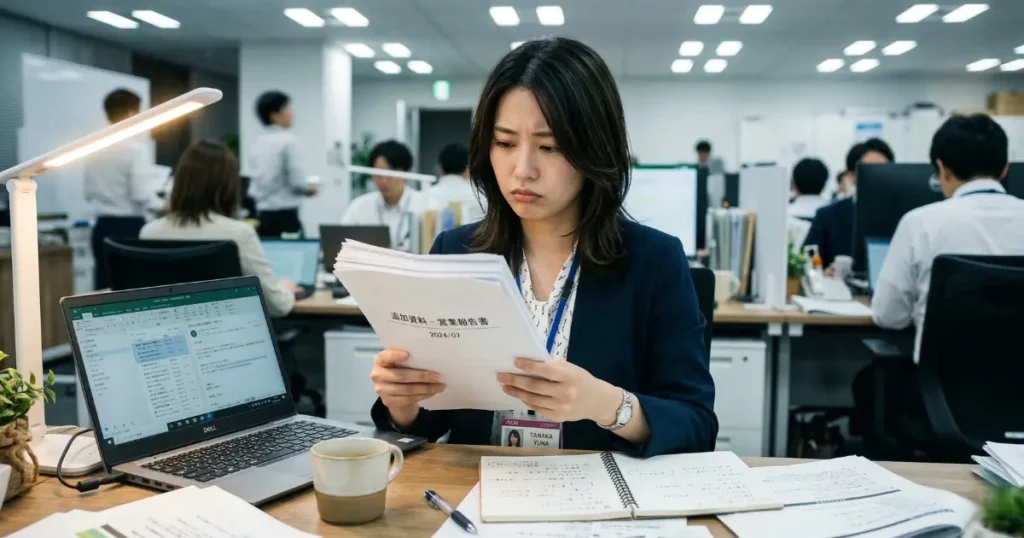 断れずに追加の仕事を渡されて葛藤する27歳の女性社会人