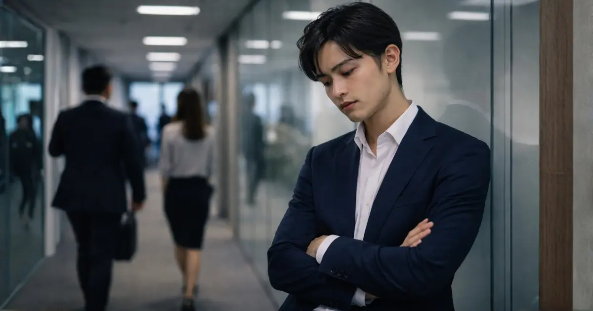 オフィスの通路で立ち止まり周囲に置いていかれる焦りを感じる27歳の男性社会人