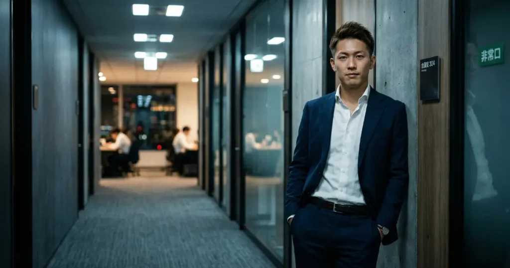 夕方のオフィス廊下で静かな決意を見せる27歳の男性社会人