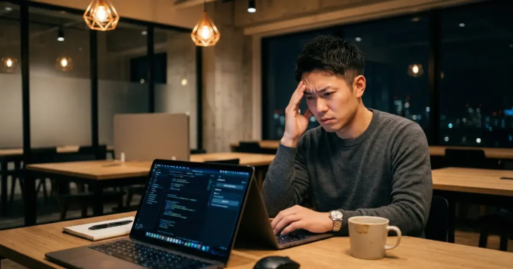 夜のコワーキングスペースで疲弊した表情でパソコンに向かう27歳の男性