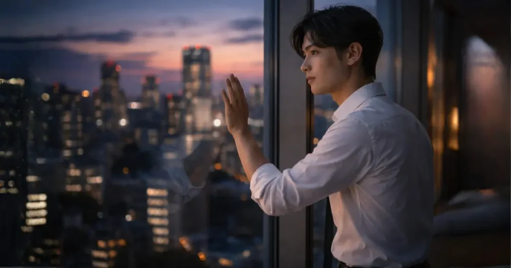 夕暮れの高層オフィスから街を見下ろし静かな決意を固める27歳の男性社会人