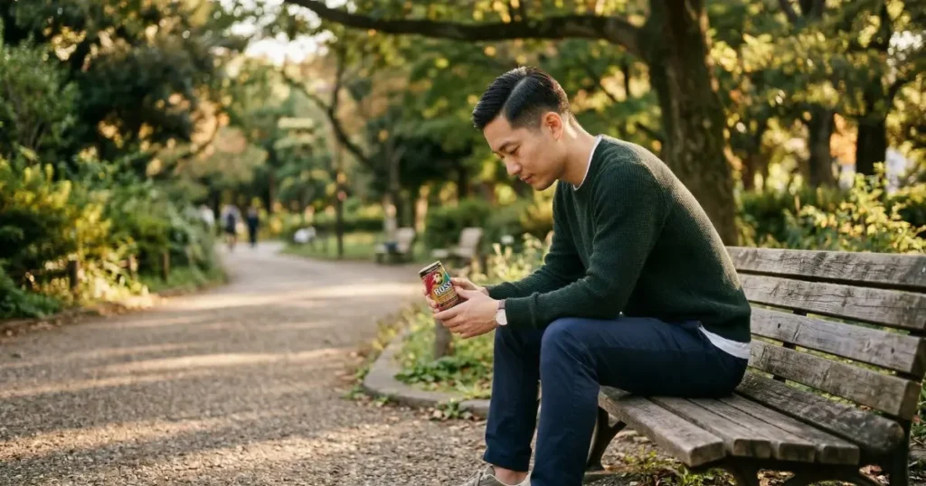 週末の公園のベンチで缶コーヒーを手に静かに自分を見つめ直している27歳の男性