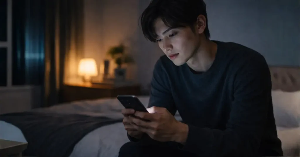 深夜にスマートフォンでSNSを見ながら焦りと自己嫌悪を感じる27歳の男性