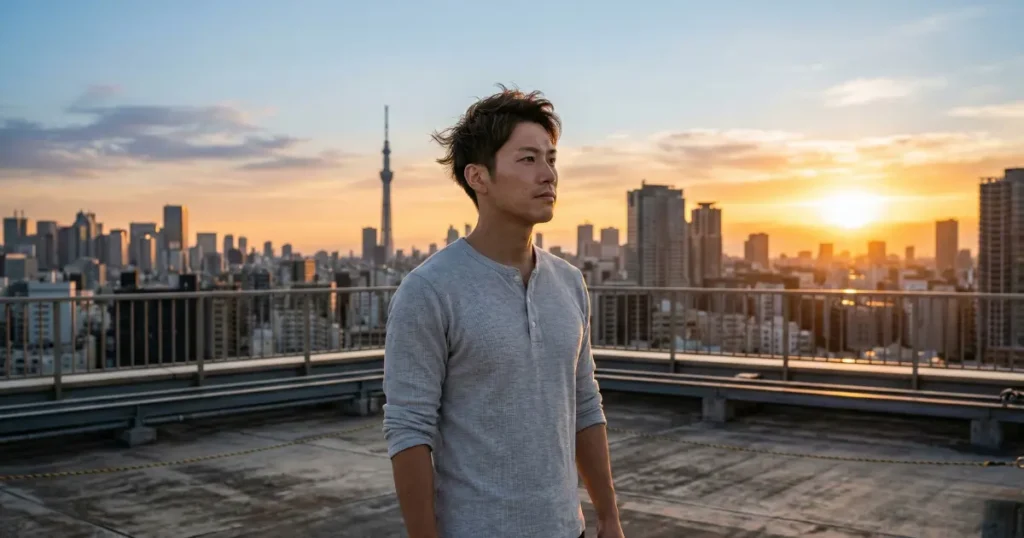 朝焼けの屋上で日の出を見つめる穏やかで力強い表情の27歳の男性