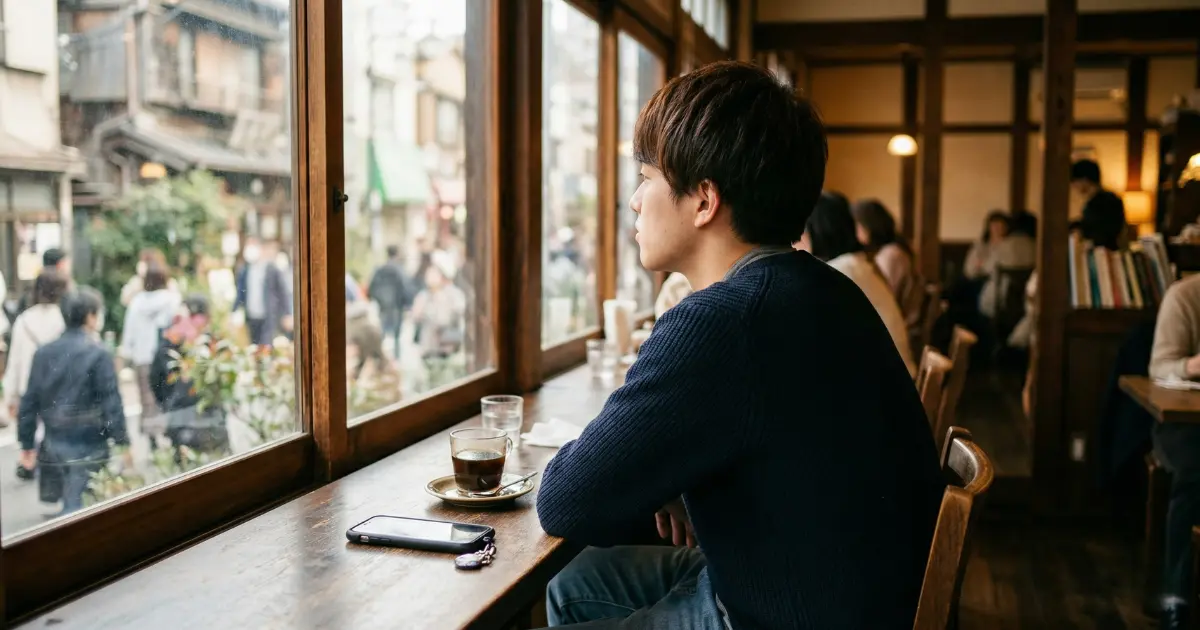 カフェの窓際で外を見つめながら将来について考えている若者