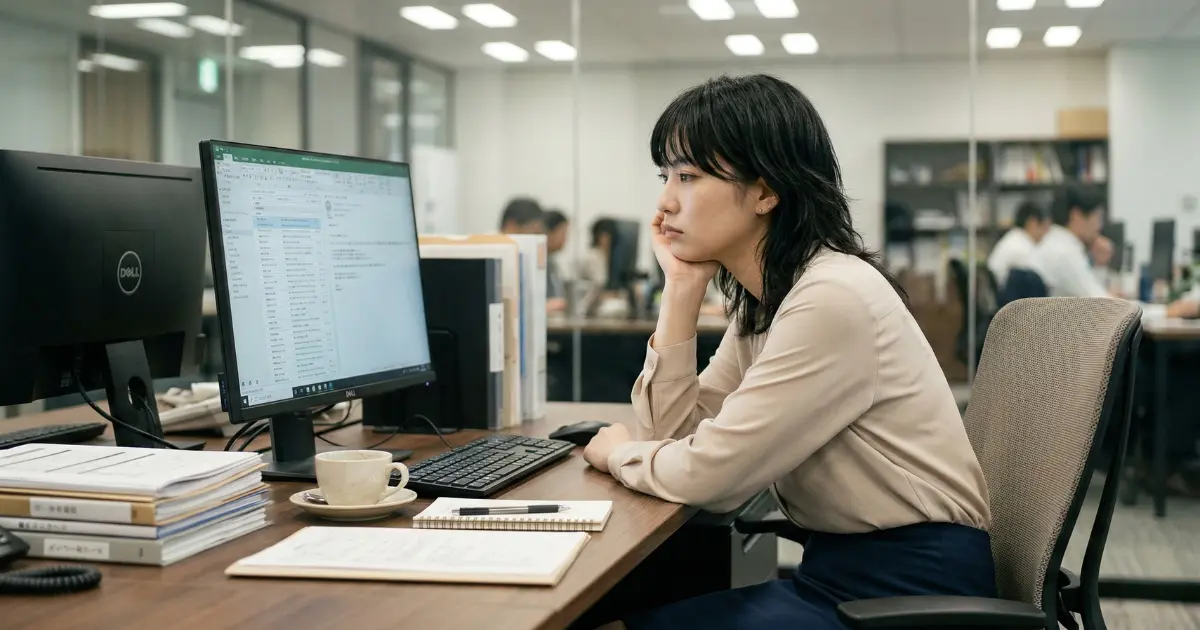 オフィスのデスクでぼんやりとパソコン画面を見つめる26歳の女性社会人