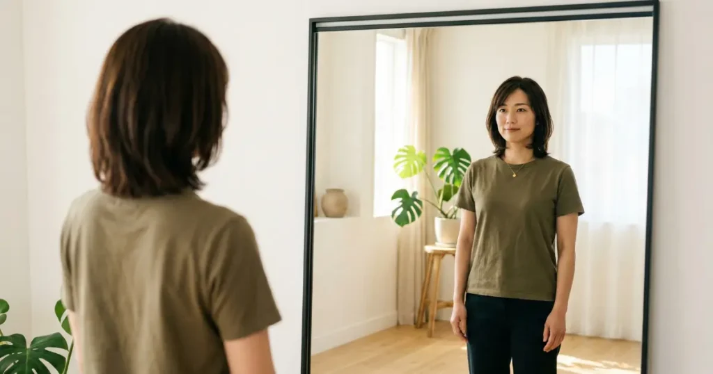 朝の光の中で鏡に映る自分の姿を見つめ、決意を固める27歳の女性