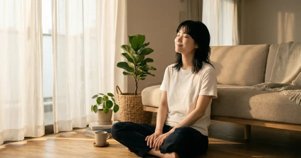 夕方の自室で目を閉じて穏やかに想像を巡らせる26歳の女性