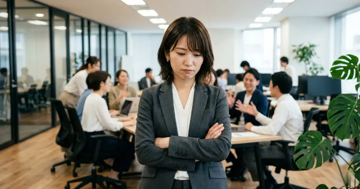 会議中に自分の意見を言えず葛藤する表情の27歳の女性社会人