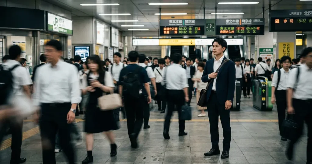 混雑する駅の中でひとり立ち止まり、孤独な表情を浮かべる若い男性