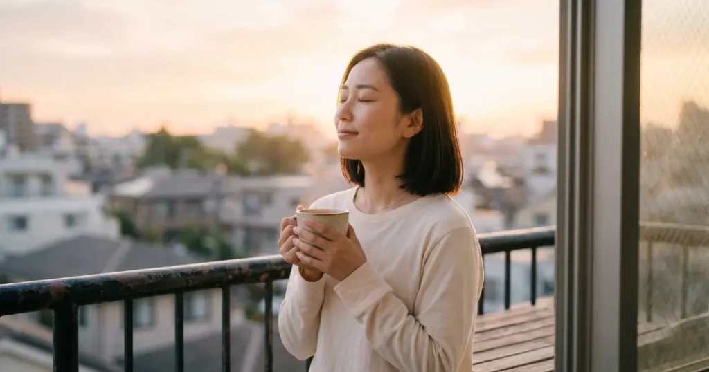 朝のバルコニーで目を閉じ、風を感じている女性