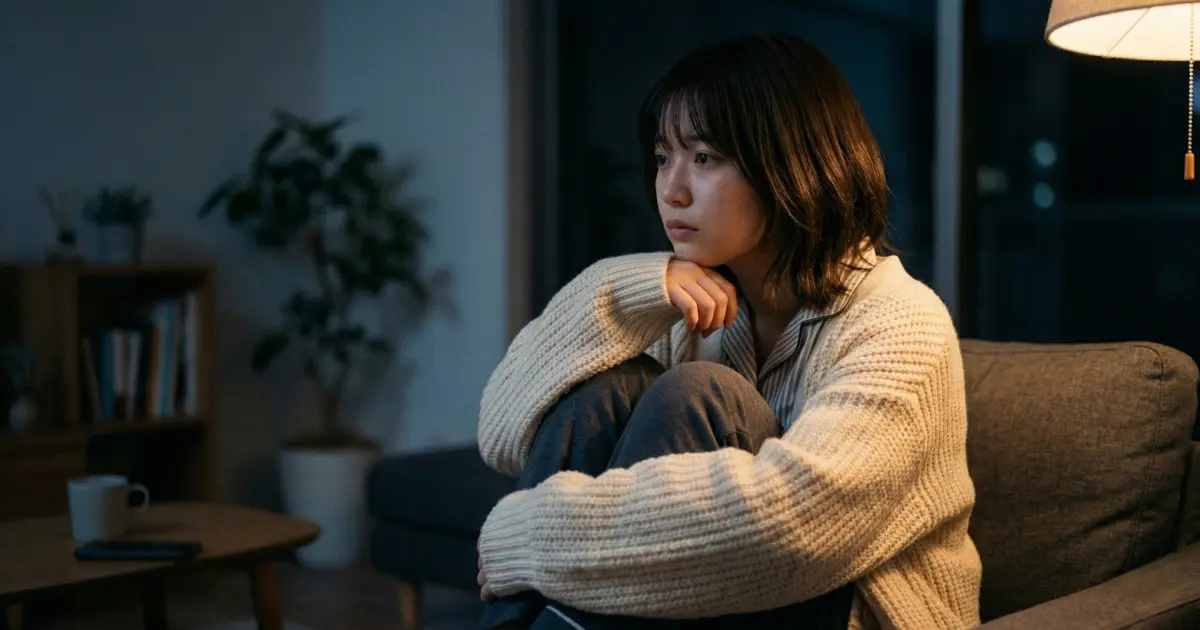夜のリビングでソファに膝を抱えて座り、考え込む18歳の女性