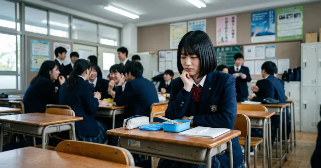 教室の自分の席で、周囲の会話を聞きながら考え込んでいる女子高校生