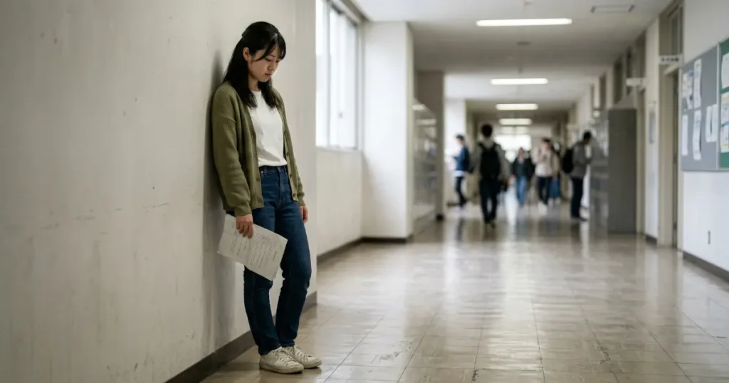 廊下で壁にもたれ、レポートを手にうつむく女性