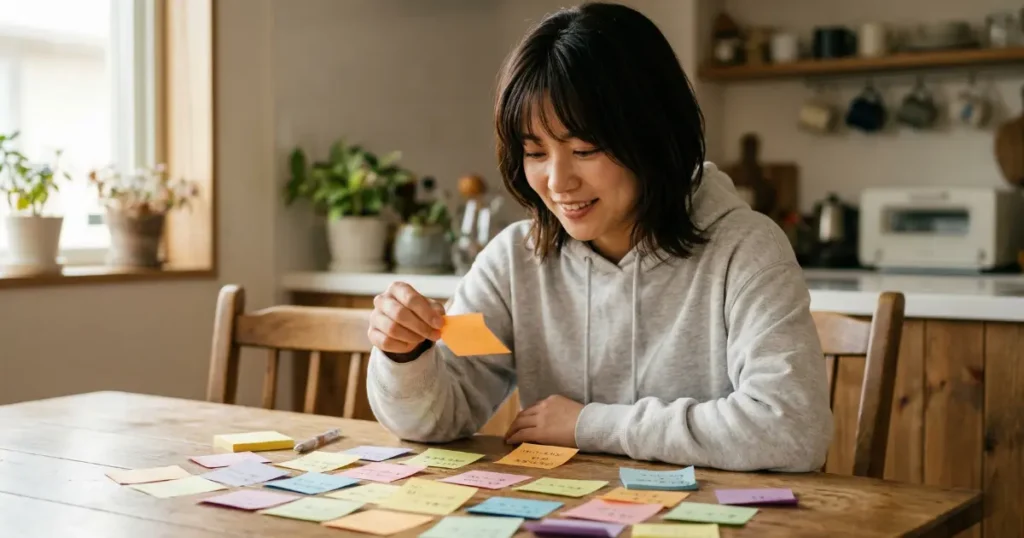 自宅のダイニングテーブルで付箋を整理しながら気づきの表情を見せる女性