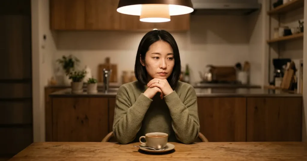 ダイニングテーブルでお茶を前にぼんやりと物思いにふける女性