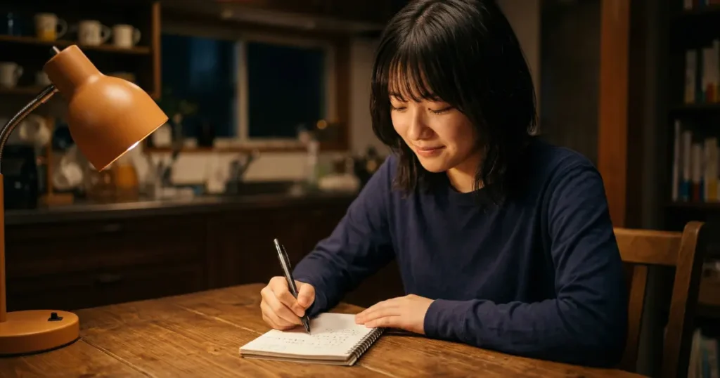 夜のダイニングテーブルでメモに書き出し、少しホッとした表情を見せる女性