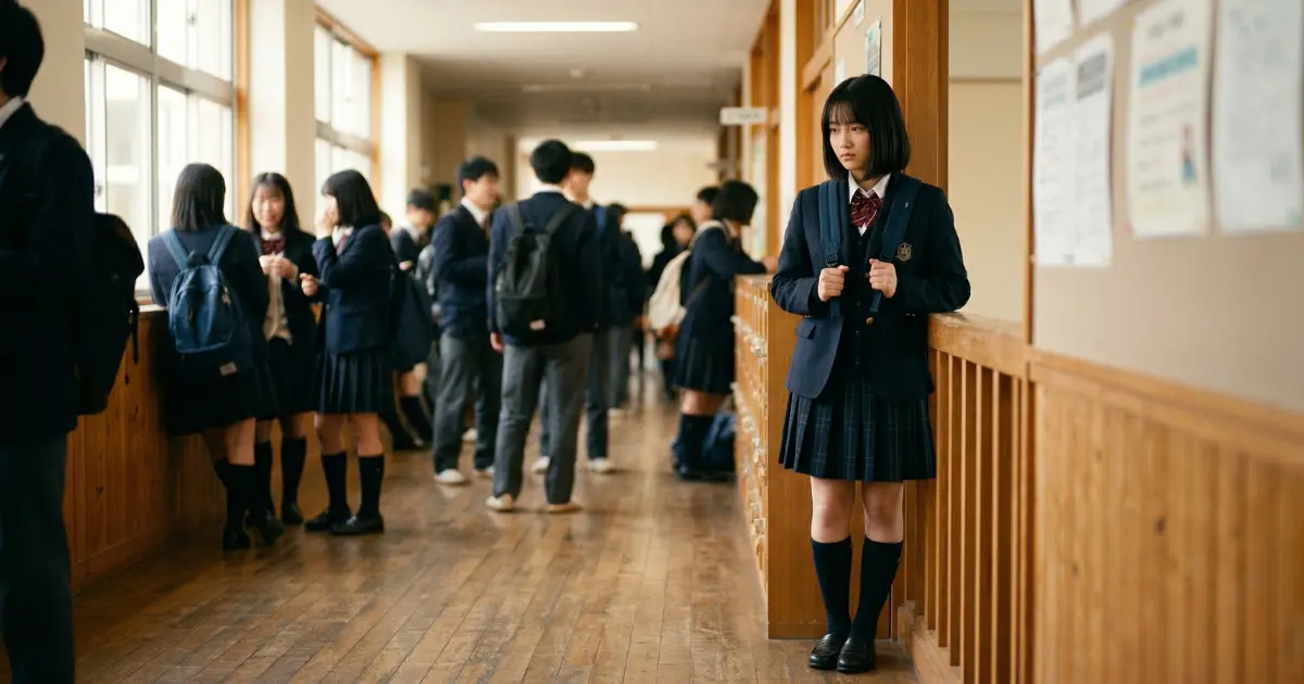 学校の廊下で立ち止まり、話しかけたいけど踏み出せない表情の女子高校生