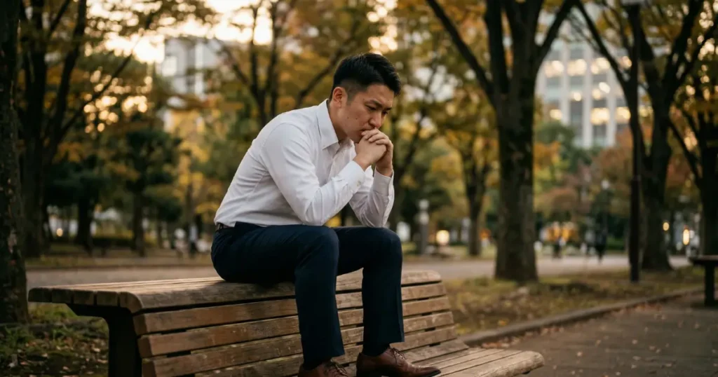 夕暮れの公園のベンチで、ひとり考え込んでいる若い男性