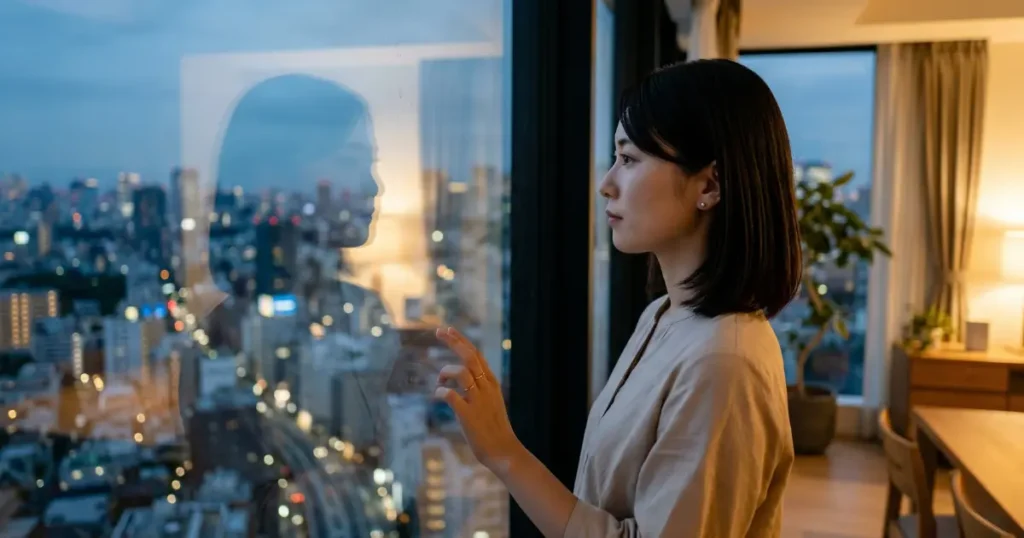 夕方の窓際に立ち、ガラスに映る自分をぼんやり見つめる25歳の女性