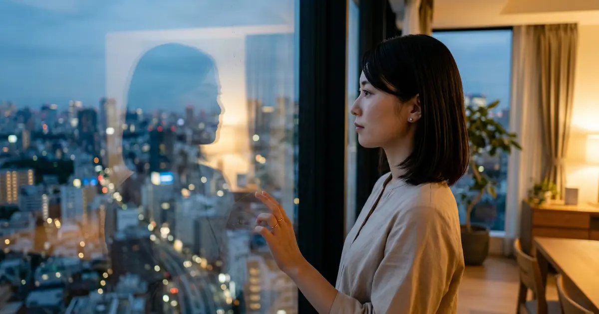 夕方の窓際に立ち、ガラスに映る自分をぼんやり見つめる25歳の女性