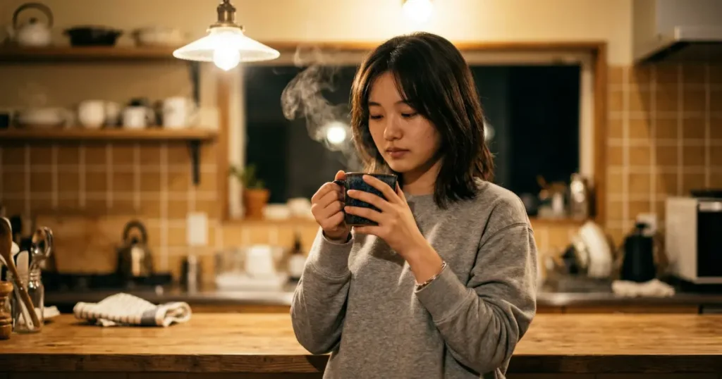 夜のキッチンで温かいマグカップを両手で持ち、物思いにふける女性