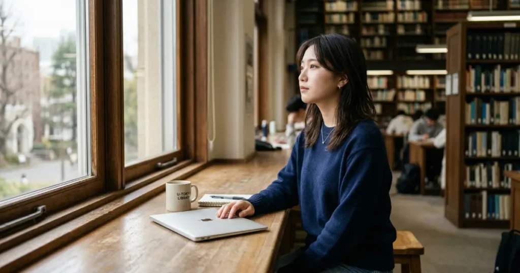 図書館でノートパソコンを閉じ、窓の外を見つめる女性