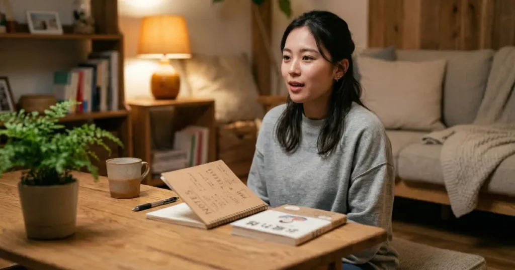 リビングの座布団に座り、ノートを置いて少しホッとした表情の女性