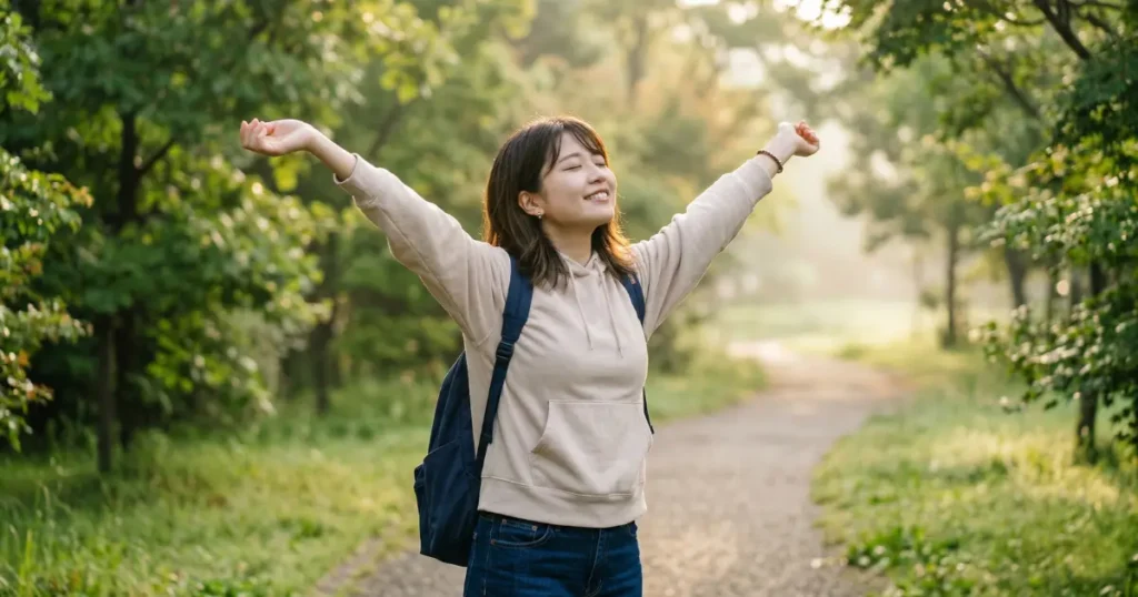 朝の公園で深呼吸をしながら穏やかな表情を見せる女性