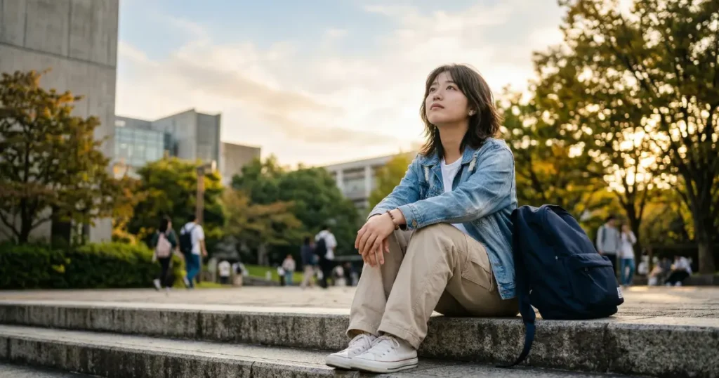 大学キャンパスの階段に座り、空を見上げる19歳の女性