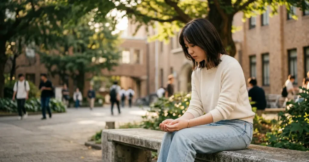 大学キャンパスのベンチに座り、手を見つめて物思いにふける22歳の女性