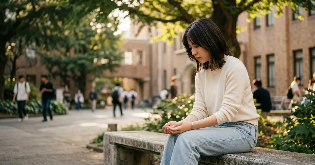 大学キャンパスのベンチに座り、手を見つめて物思いにふける22歳の女性