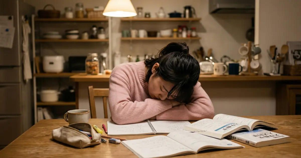 キッチンのテーブルで教科書を前に腕に顔をうずめる女性