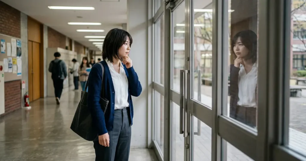 大学の廊下でガラスに映る自分の姿をふと見つめる女性