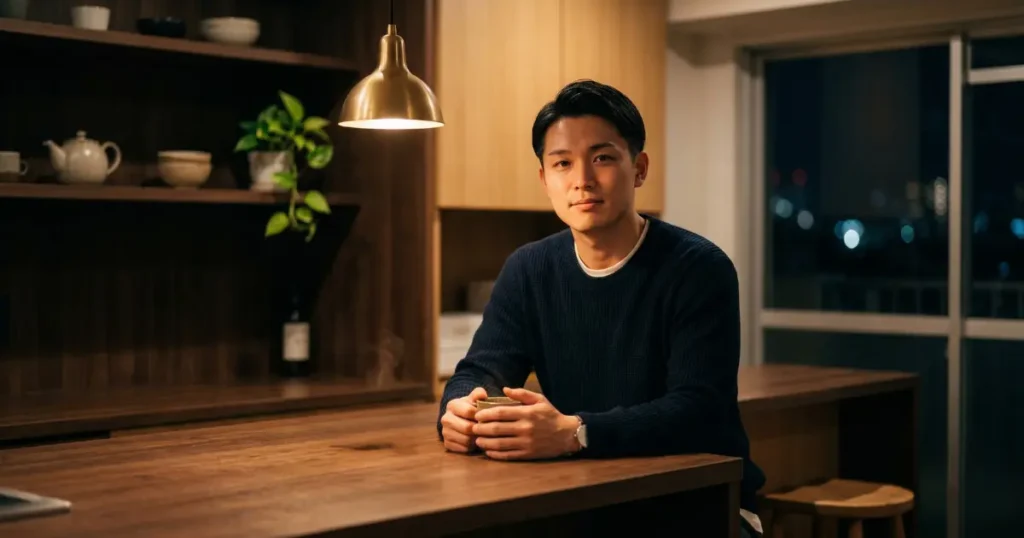 夜のキッチンでマグカップを手に、穏やかに自分と向き合う表情の若い男性