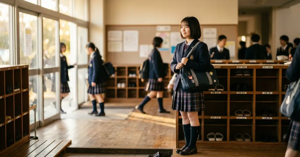 学校の下駄箱エリアで、小さく微笑みながら視線を交わす女子高校生